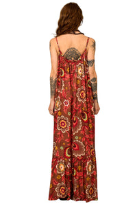 Vestido Longo Alças Reguláveis Marrom Estampado Yacamim E11