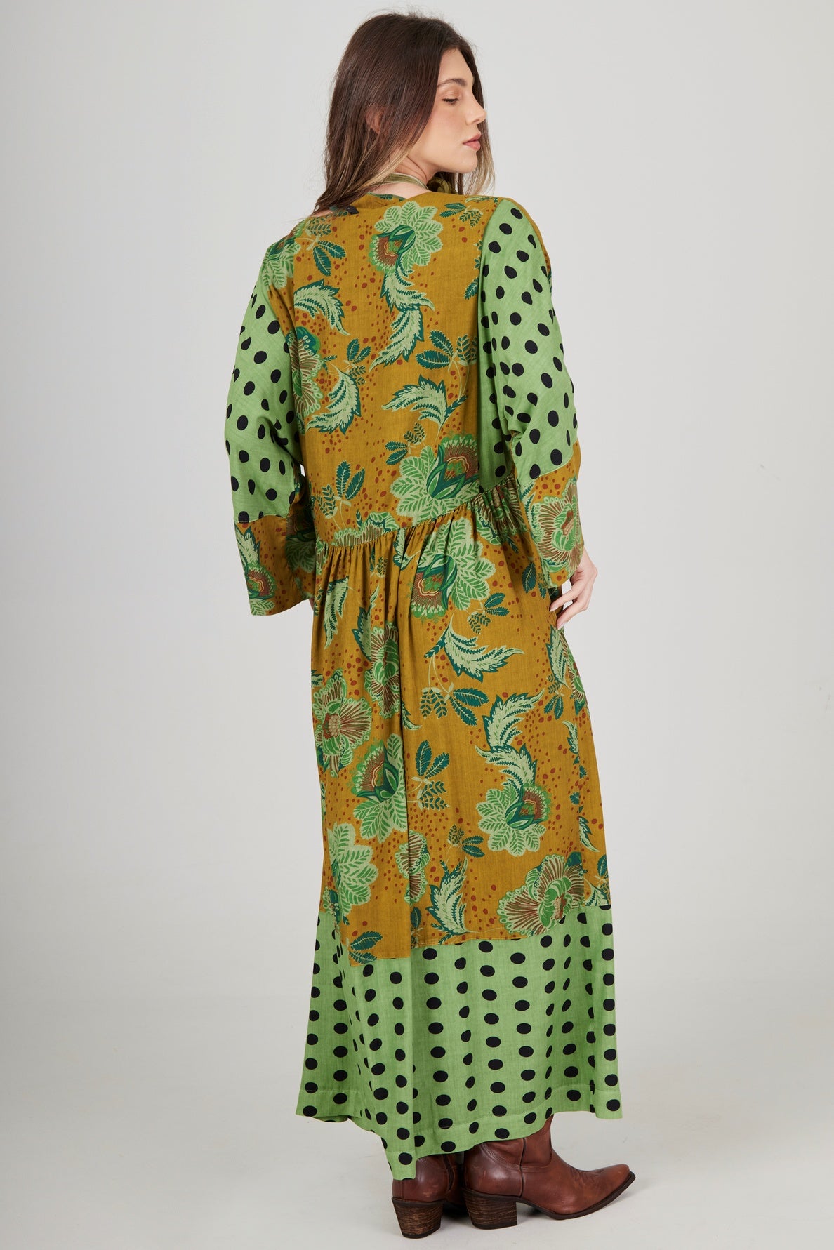 Vestido Midi Amplo Verde Estampado Patchwork Yacamim E8