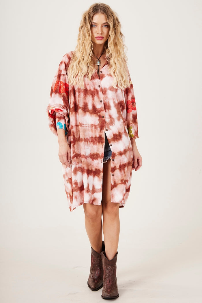 Chemise Ampla Marrom Estampa Tie Dye Digital Yacamim L2