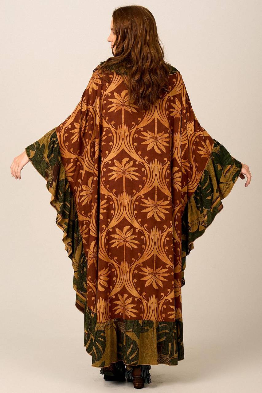 Kaftan Longo Amplo Marrom E Verde Escuro Patchwork Yacamim J1