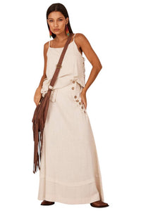 Saia Longa Linho Com Botões Bege Yacamim A19 Liso