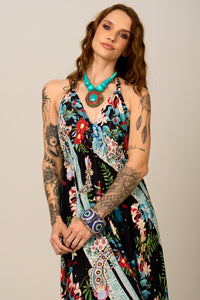 Vestido Longo Frente Única Preto Estampa Paisley Yacamim D27