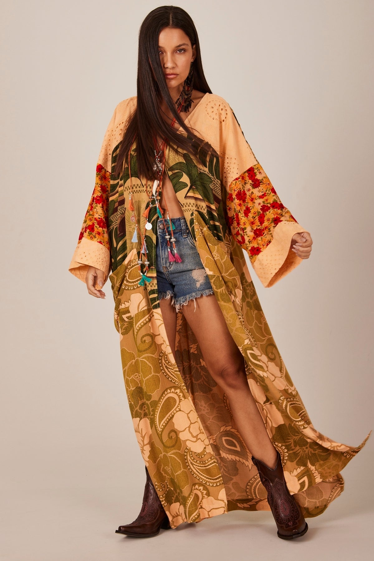 Kimono Longo Laranja Patchwork Yacamim J10