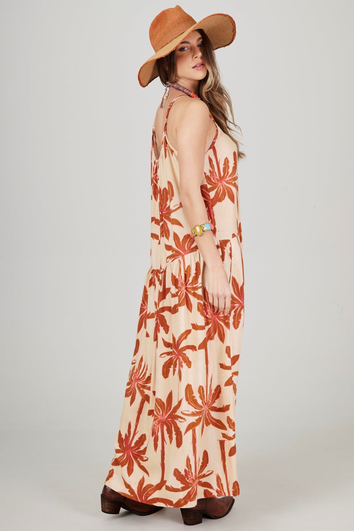 Vestido Midi Bege Escuro E Marrom Estampa Coqueiros Yacamim C31