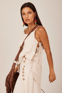 Bata Ampla De Linho Com Alças Bege Yacamim A18 Liso