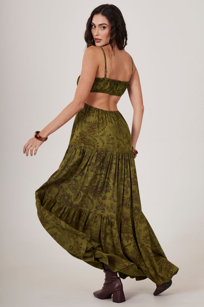 Vestido Longo De Alças Verde Musgo Estampa cashmere Yacamim C15