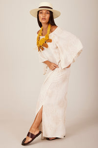 Vestido Longo De Linho Ciganinha Bege Estampado Yacamim E14