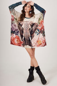 Bata Ampla Com Pedrinhas Estampa Elefante Indiano Bege Yacamim B21