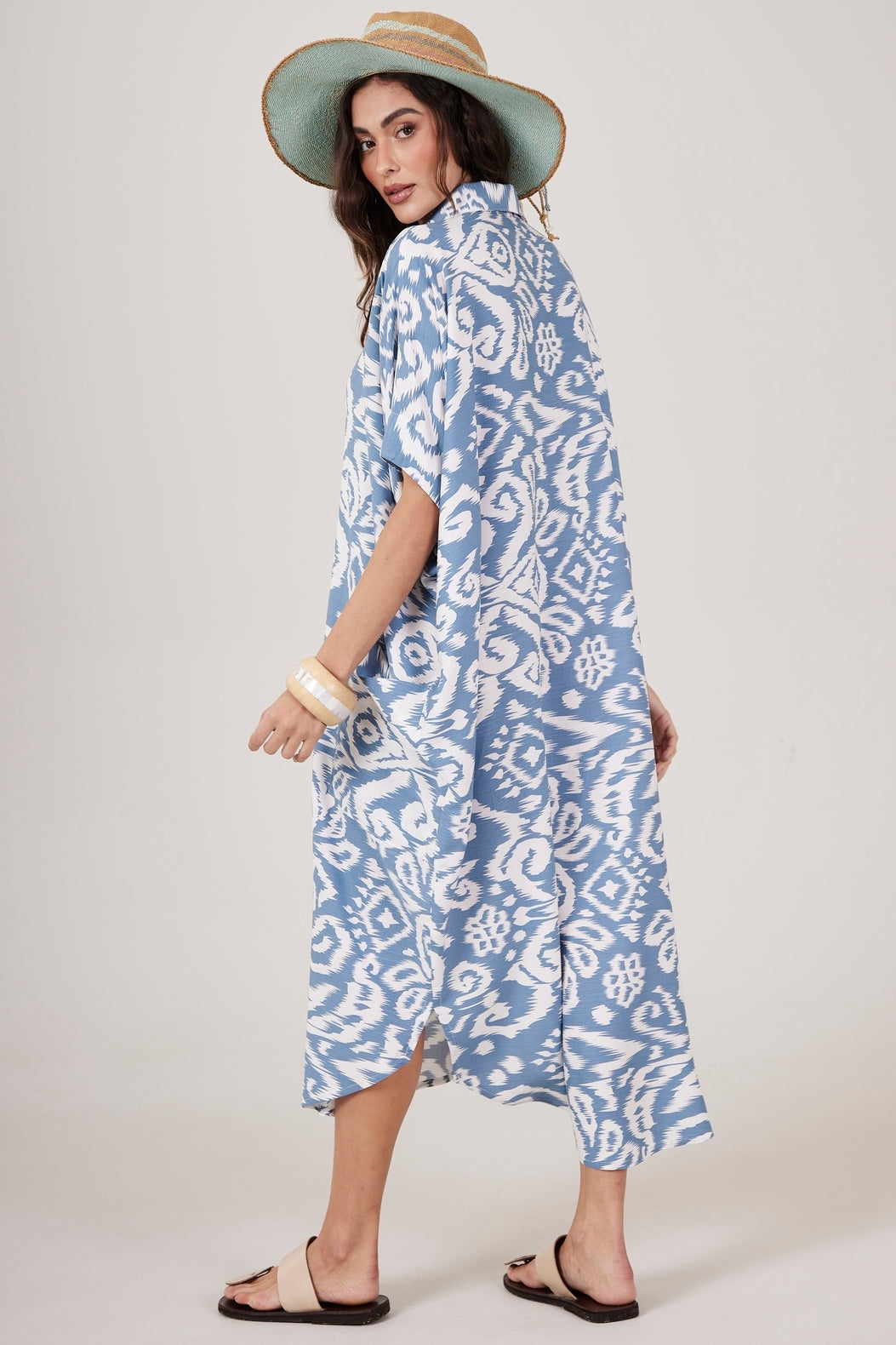 Chemise Midi Com Bolsões Azul Petróleo Estampado Yacamim N4