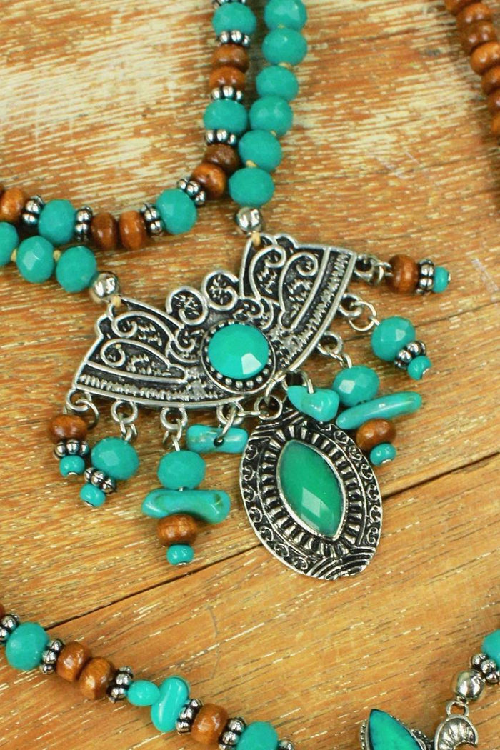 Colar Com Miçangas De Madeira E Pedras Verdes Yacamim #429