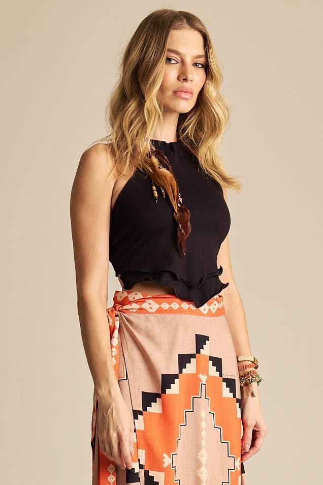 Cropped Lenço De Amarração Nas  Costas Preto Yacamim A34