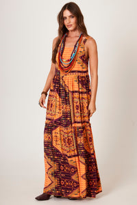 Vestido Longo De Alças Largas Laranja Estampa Geométrica Yacamim E1