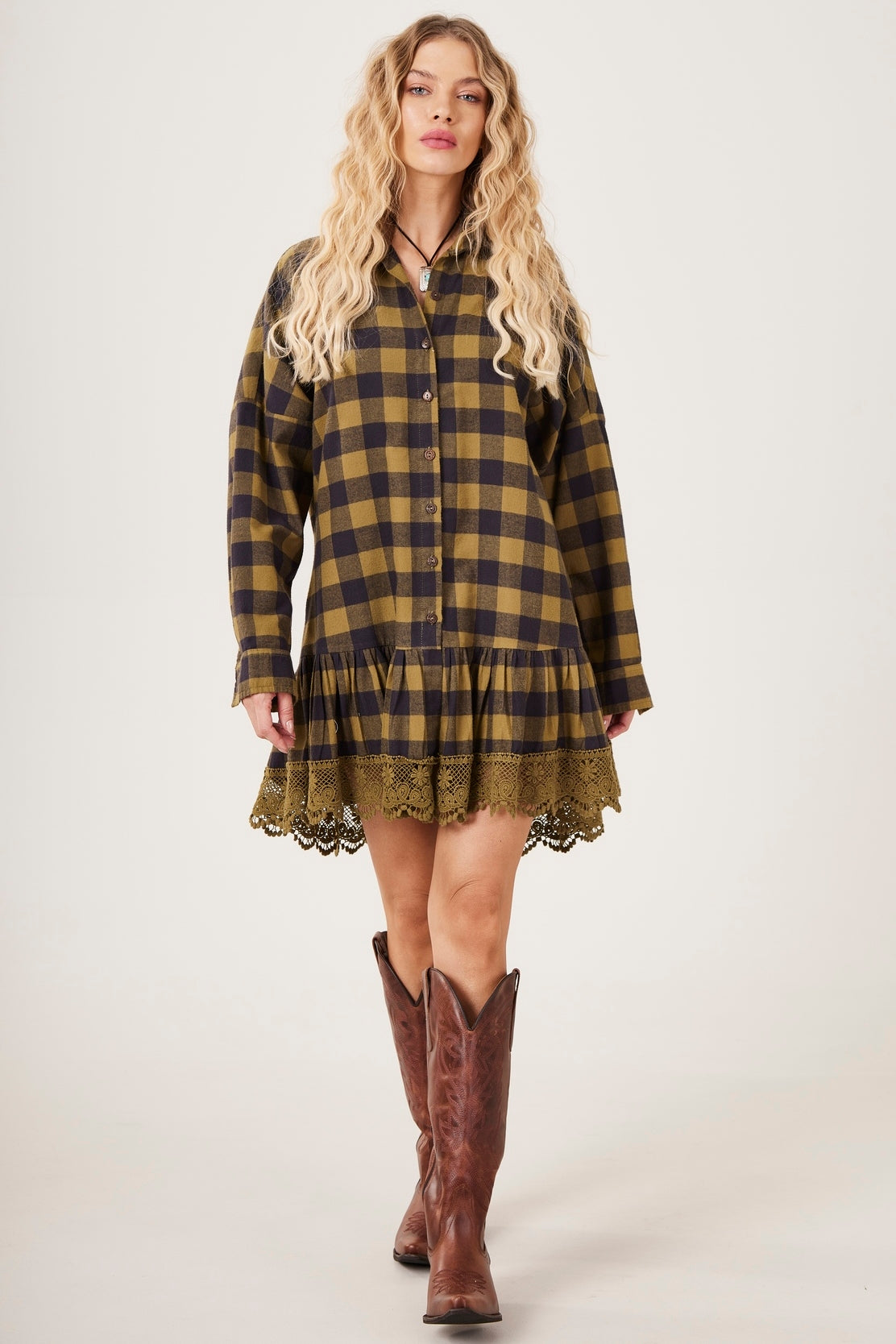 Camisa Alongada Verde Musgo Xadrez Yacamim K8