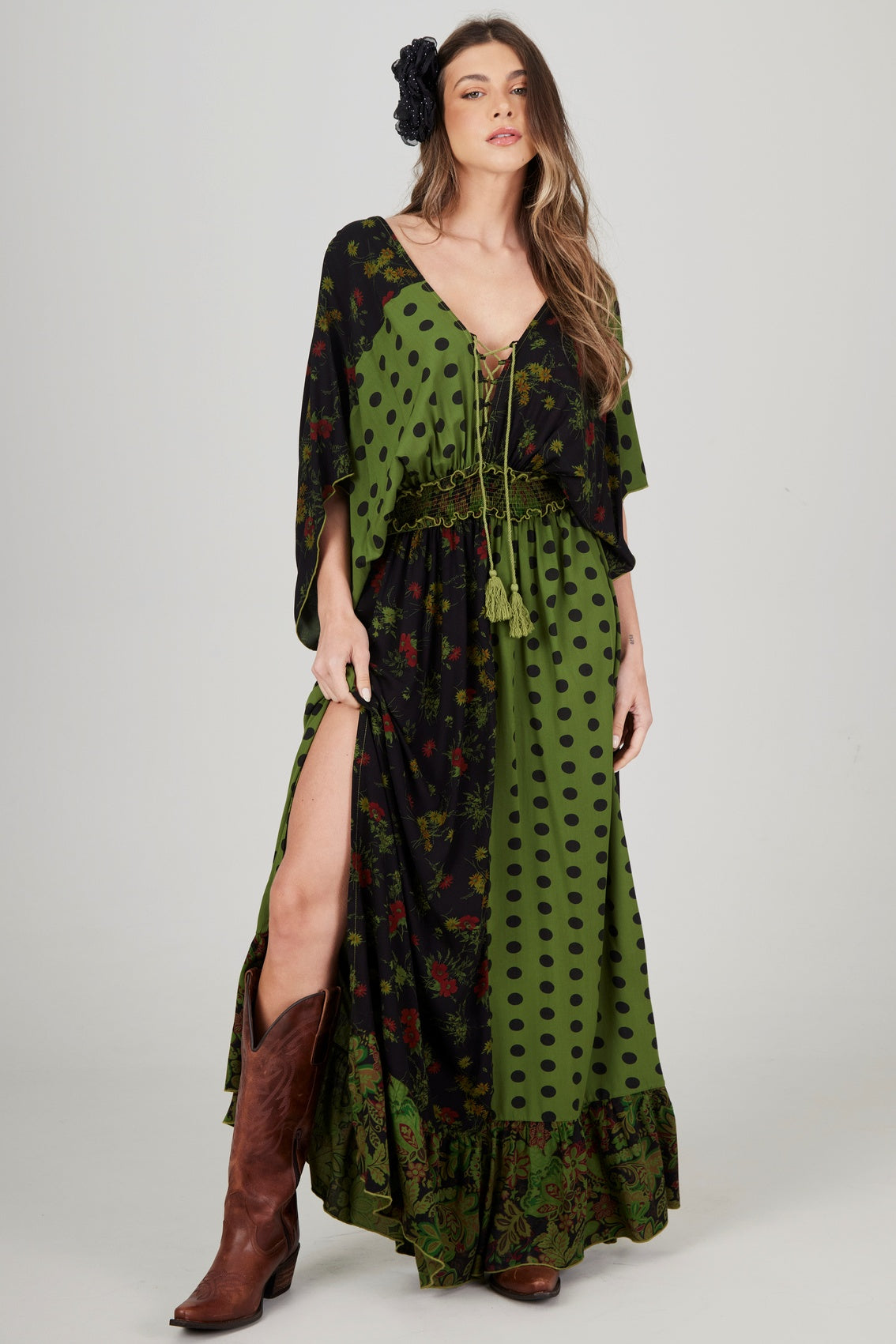 Vestido Longo Verde Estampa De Poá Patchwork Yacamim E18