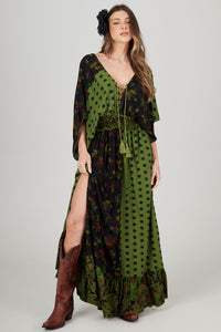 Vestido Longo Verde Estampa De Poá Patchwork Yacamim E18