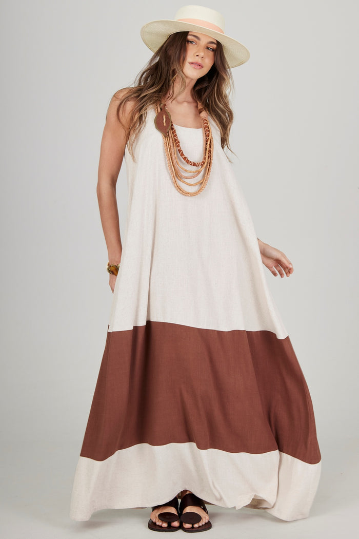 Vestido Longo Nadador Bege E Marrom Yacamim C23