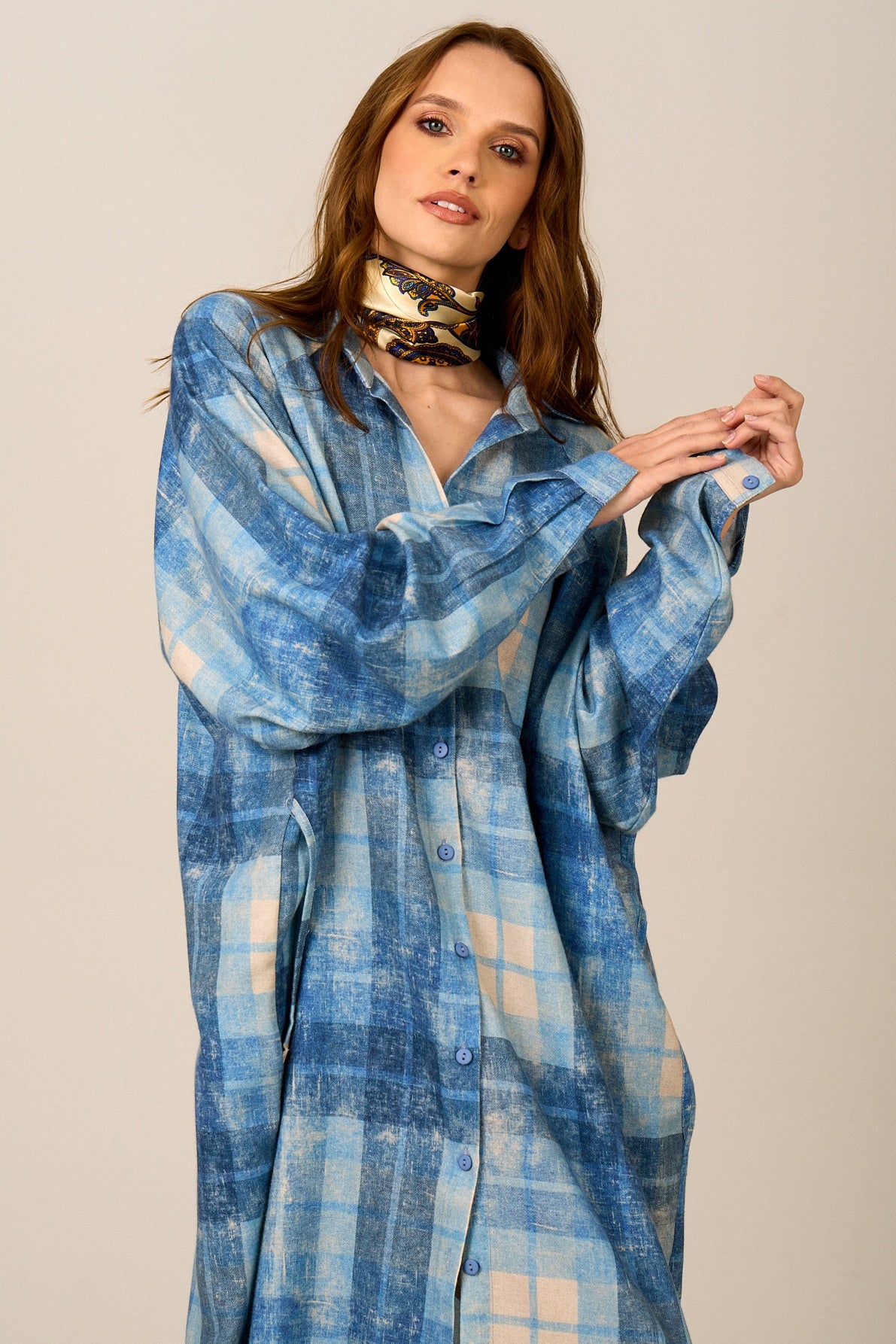 Chemise Longa De Algodão Azul Estampa Xadrez Yacamim M10