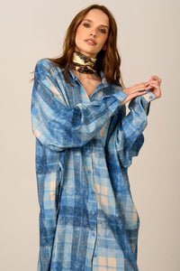 Chemise Longa De Algodão Azul Estampa Xadrez Yacamim M10