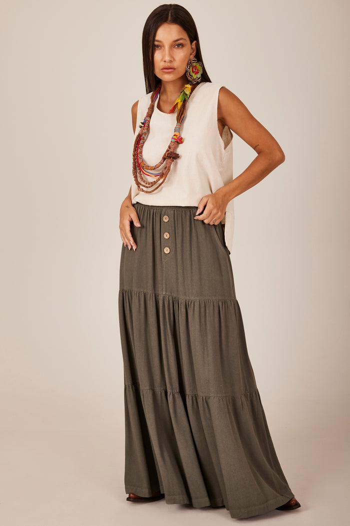 Saia Longa De Linho 3 Marias Verde Escuro Yacamim H1/2 Liso