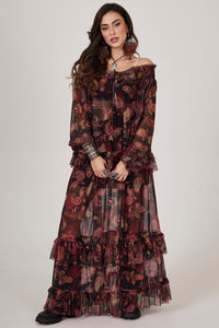 Saia Longa De Tule Preta Estampa Cashmere Yacamim A20