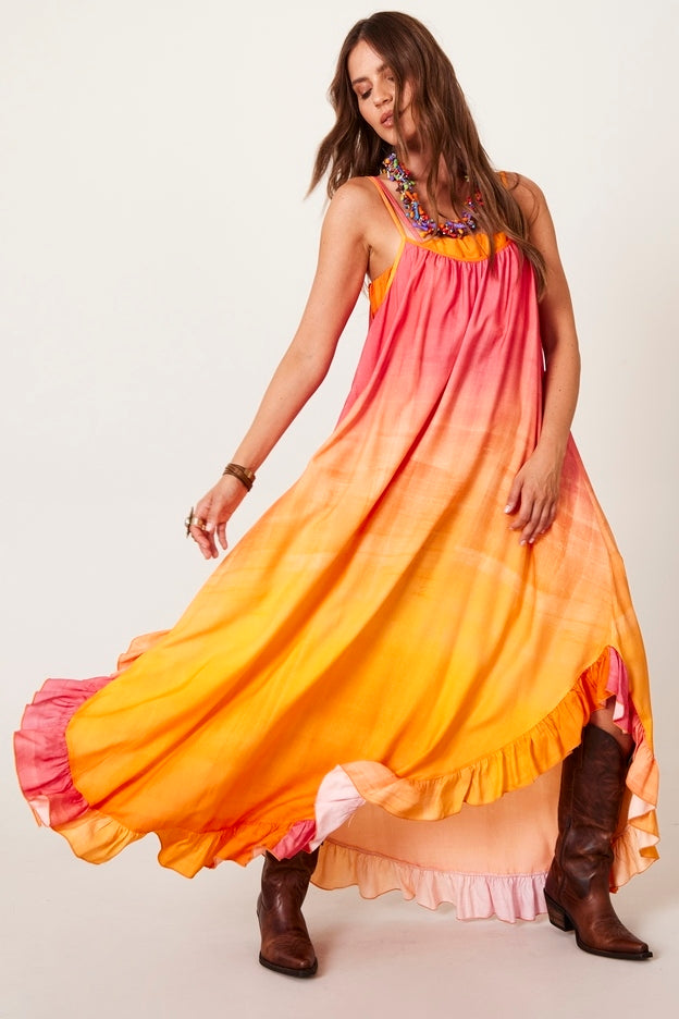 Vestido Midi De Alcinhas Rosa E Laranja Degradê Yacamim D16