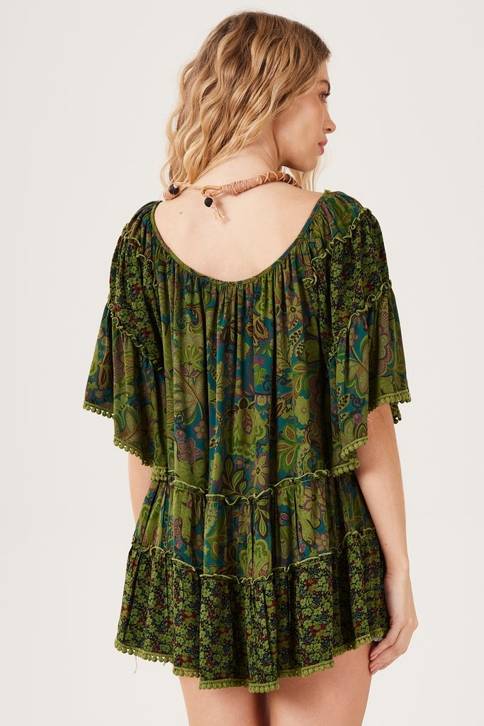 Bata Ampla Decote Ombro A Ombro Verde Patchwork Yacamim B1