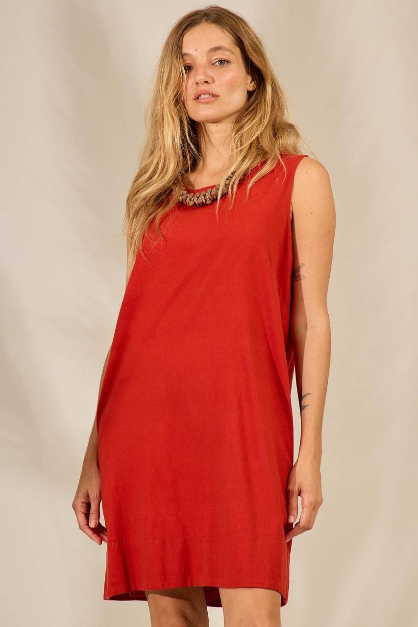 Vestido Curto Regata De Linho Com Bolsos Ferrugem Yacamim E12 Liso