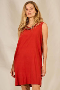 Vestido Curto Regata De Linho Com Bolsos Ferrugem Yacamim E12 Liso