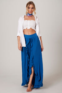 Calça Com Abertura E Babadinhos Azul Yacamim I6 Liso