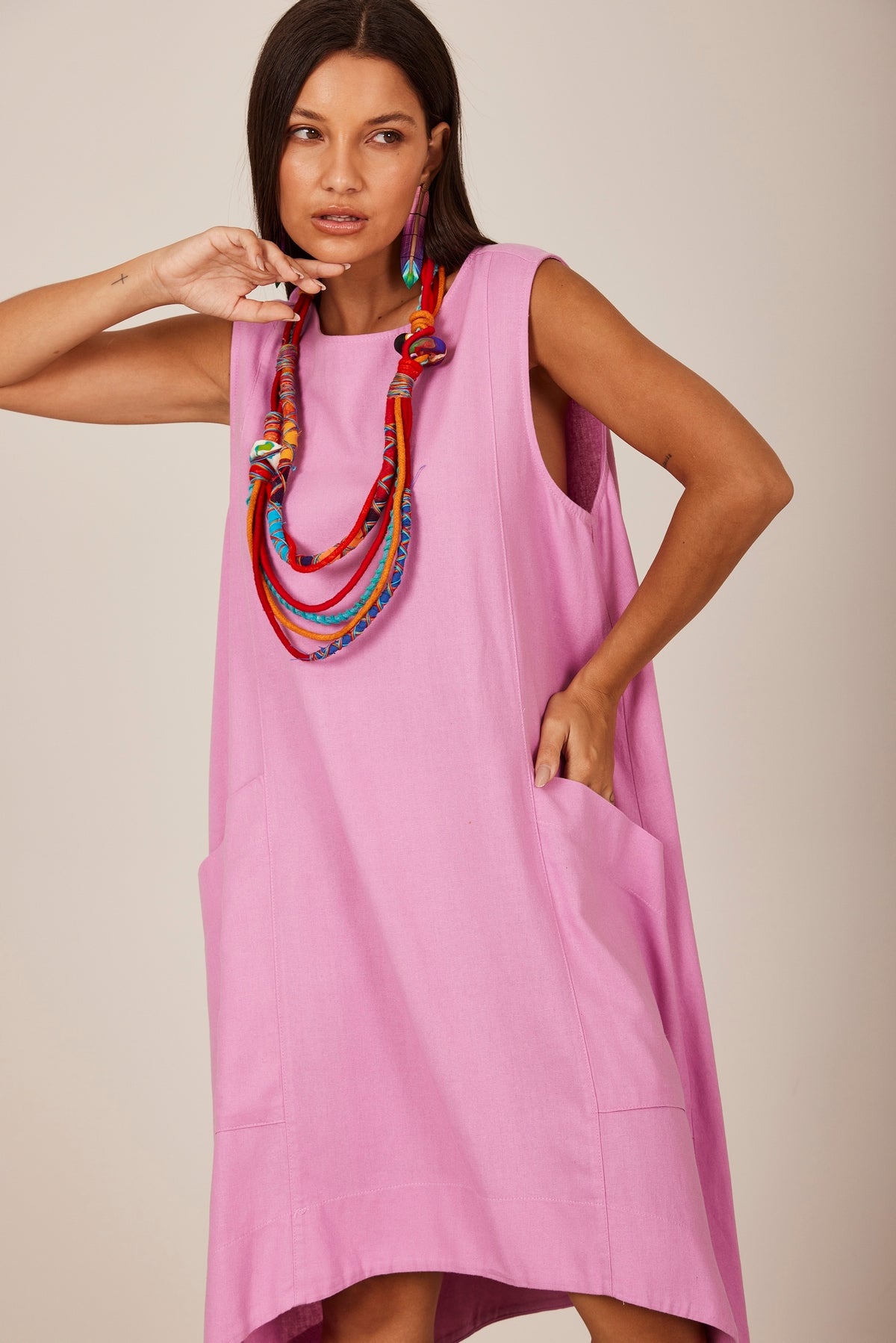 Vestido Curto De Linho Regata Lilás Yacamim C9 Liso