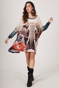 Bata Ampla Com Pedrinhas Estampa Elefante Indiano Bege Yacamim B21