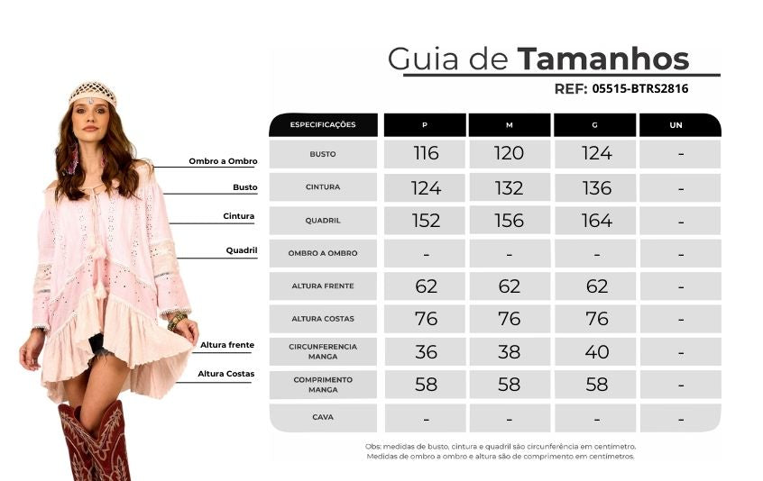 Bata Ampla Broderie Ciganinha Rosa Claro Yacamim B10