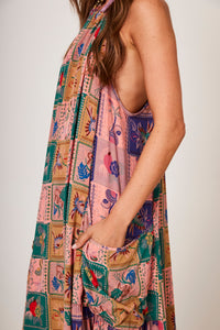 Vestido Longo Amplo Rosa Estampa Geométrica Yacamim E6