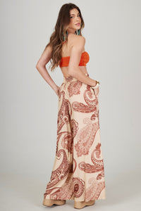 Calça Pantalona Bege Estampa Cashmere Yacamim A36