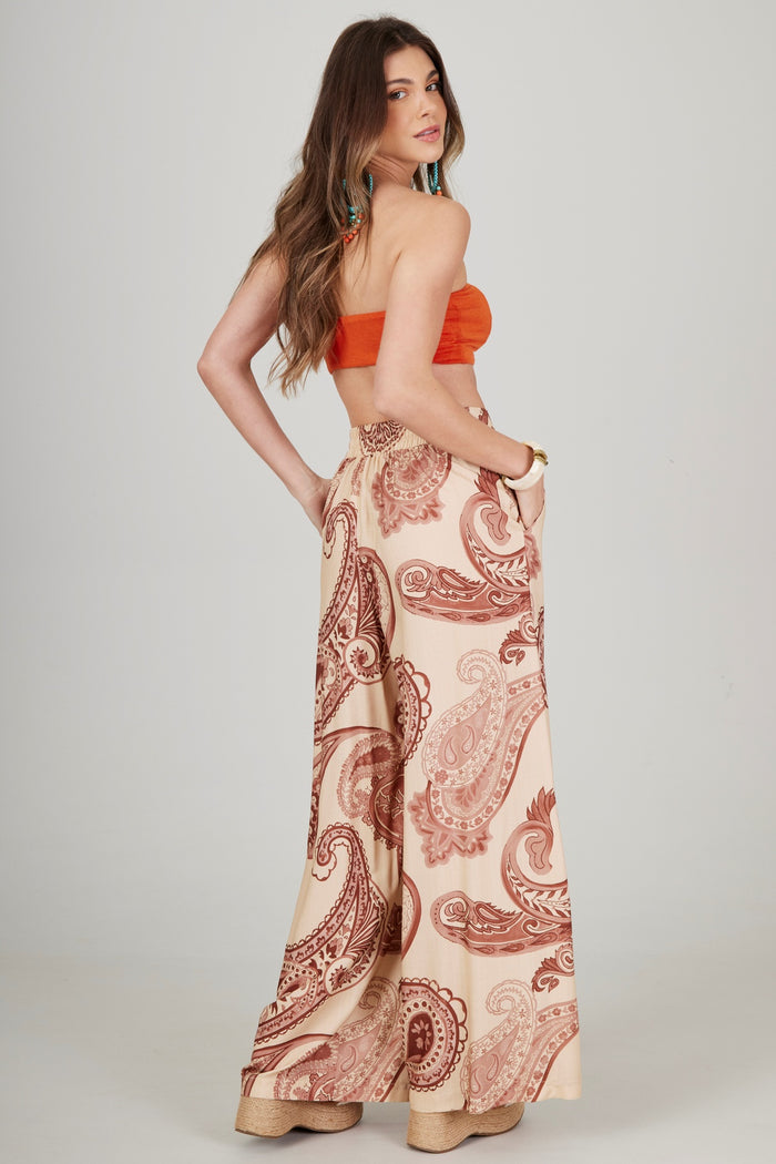 Calça Pantalona Bege Estampa Cashmere Yacamim A36