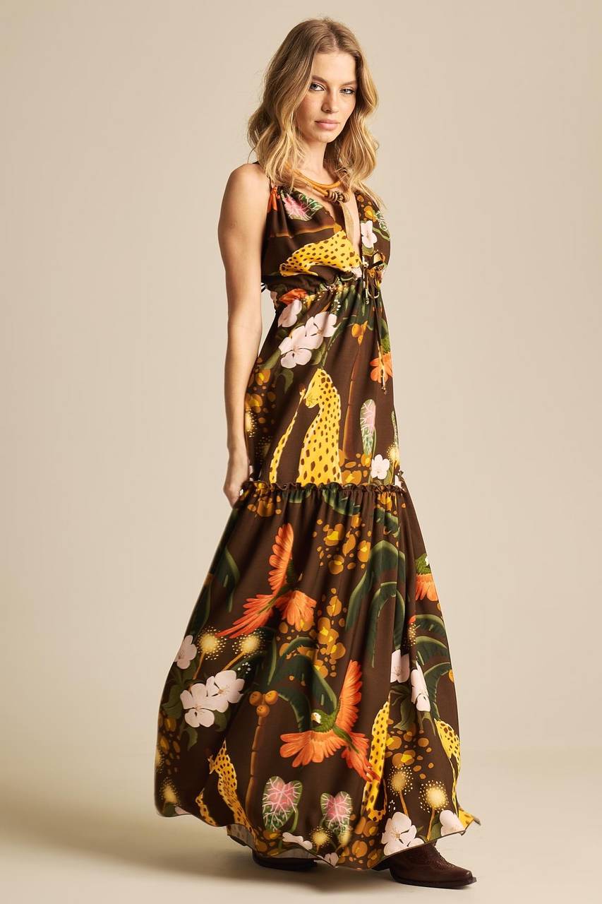 Vestido Longo Com Alças Marrom Estampado Yacamim E21