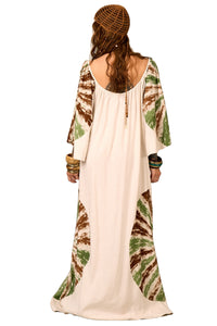 Vestido Longo Bege Estampa De Mandalas Yacamim E12