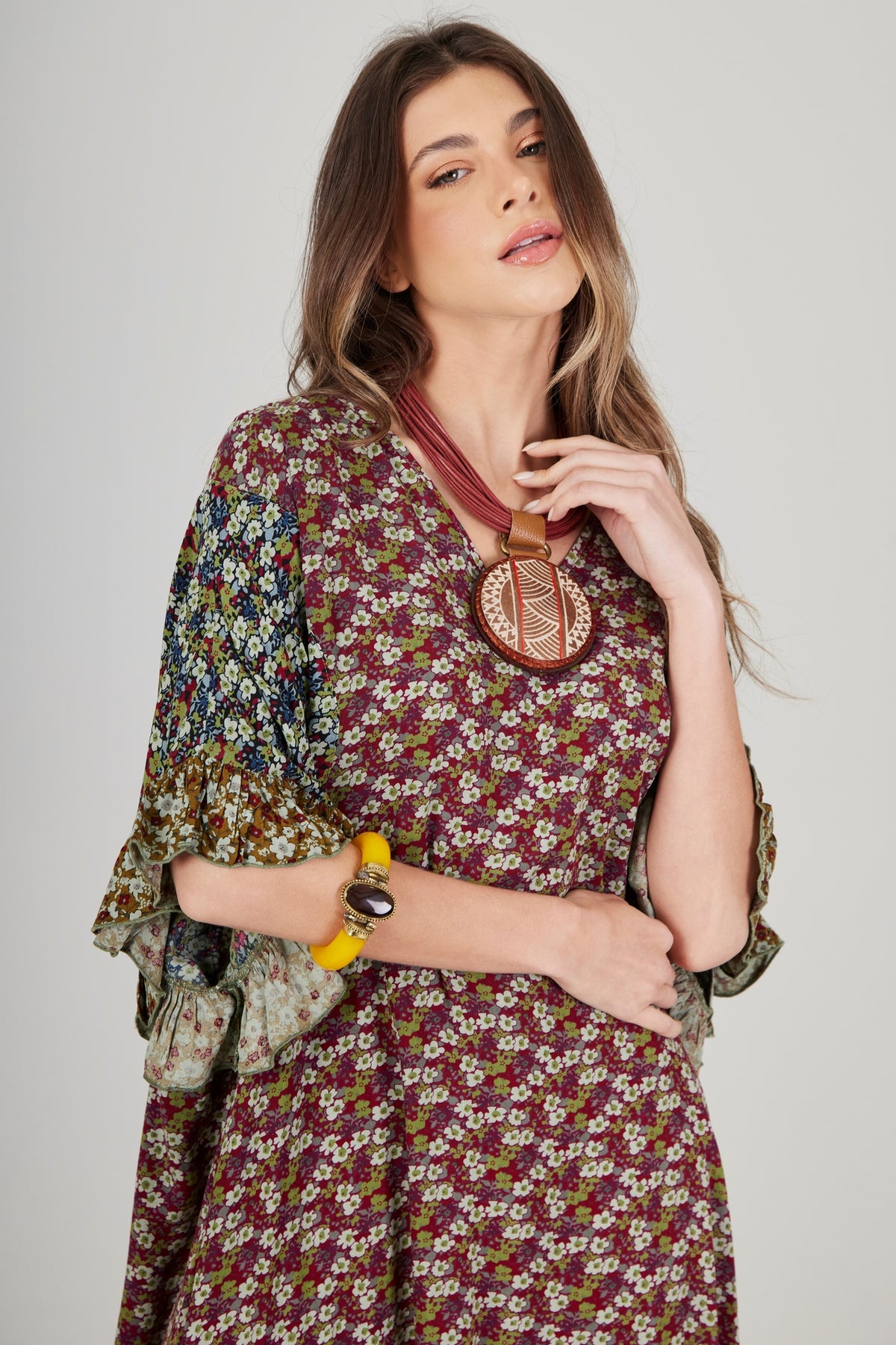 Kaftan Midi Bordô E Verde Patchwork Yacamim J1