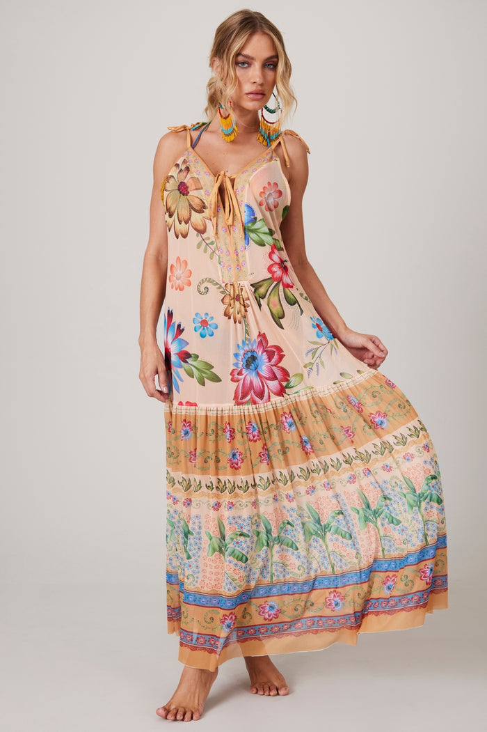 Vestido Midi De Tule Com Alças De Amarrar Laranja Estampado Yacamim K1