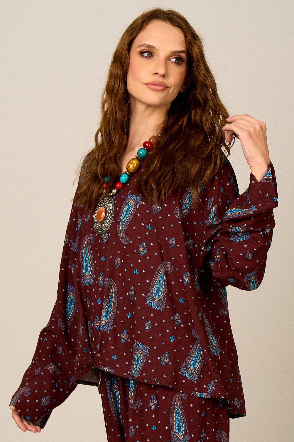 Bata Ampla Marrom Estampa Paisley Yacamim A20