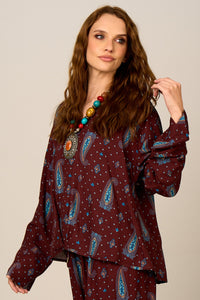 Bata Ampla Marrom Estampa Paisley Yacamim A20