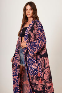 Kimono Longo Preto E Rosa Estampado Yacamim J6