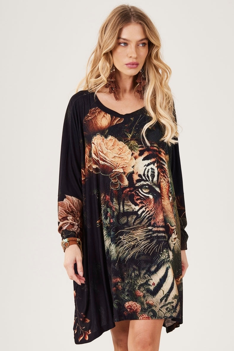 Bata Ampla Com Pedrinhas Estampa Exclusiva De Tigre Preta Yacamim S10