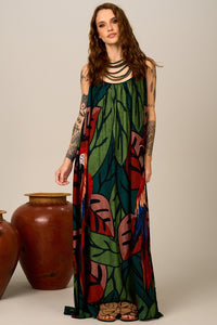 Vestido Longo Verde Estampa De Araras Yacamim C2