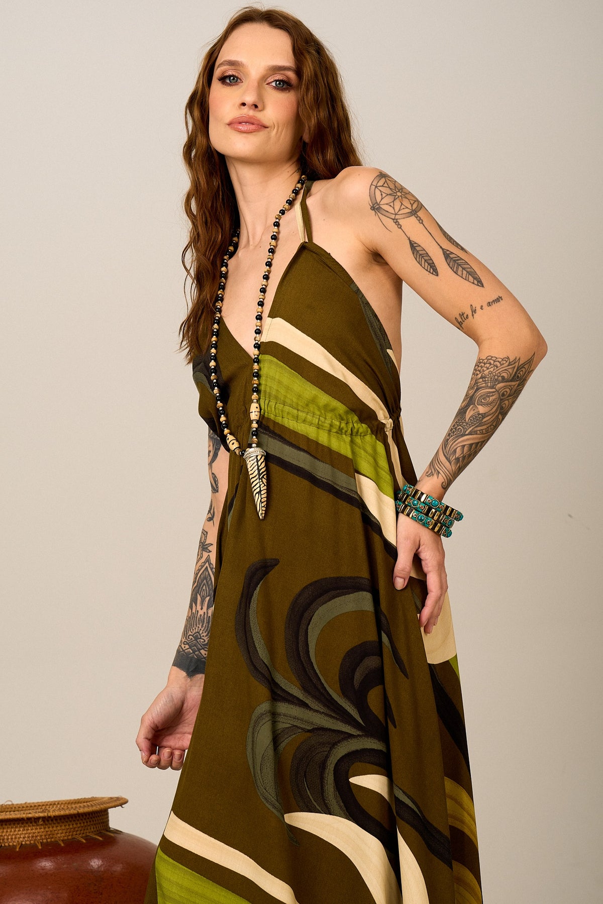 Vestido Longo Frente Única Verde Estampado Yacamim D9