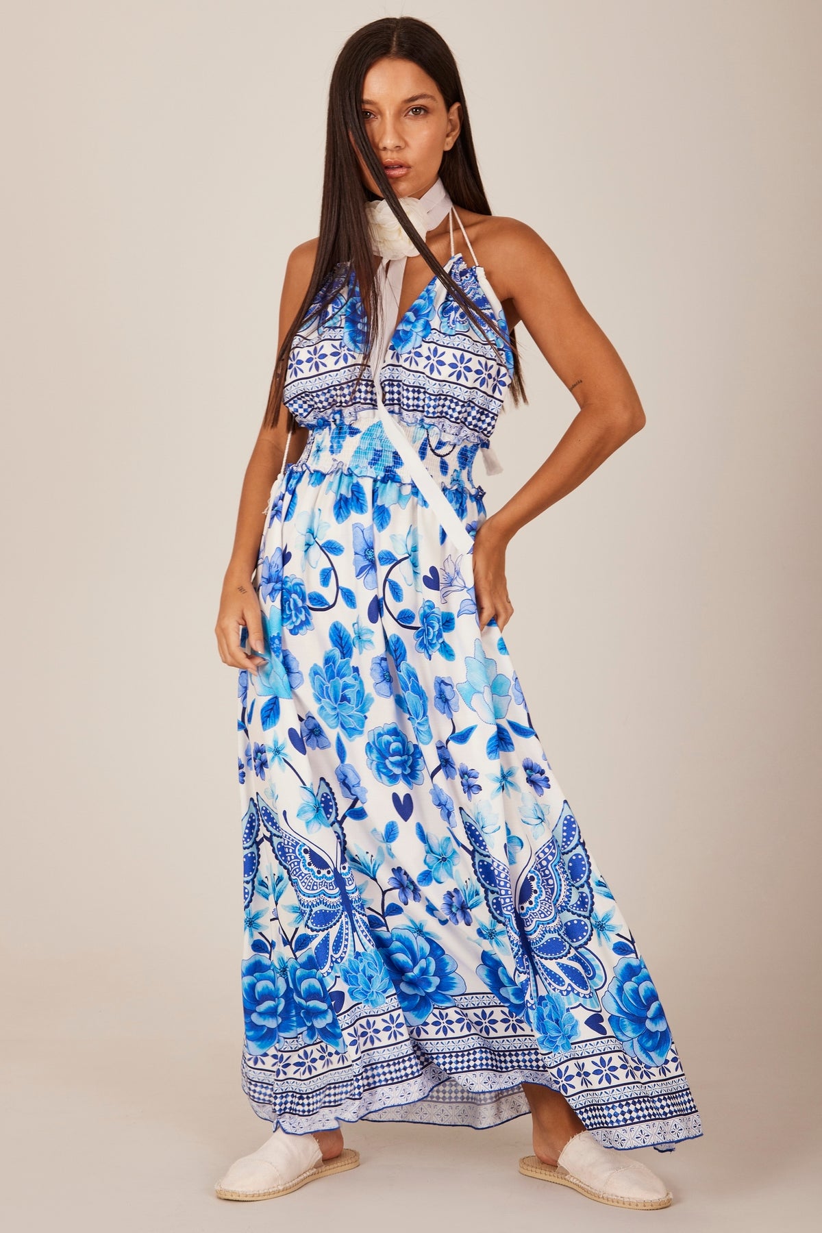 Vestido Longo Frente Única Azul Estampado Yacamim D18