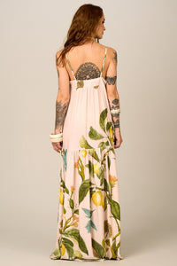 Vestido Longo De Alças Reguláveis Bege Estampado Yacamim E2