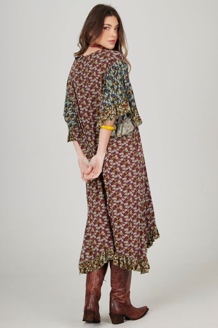 Kaftan Midi Bordô E Verde Patchwork Yacamim J1