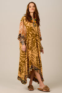 Kaftan Midi Amplo Mostarda Patchwork Yacamim J6
