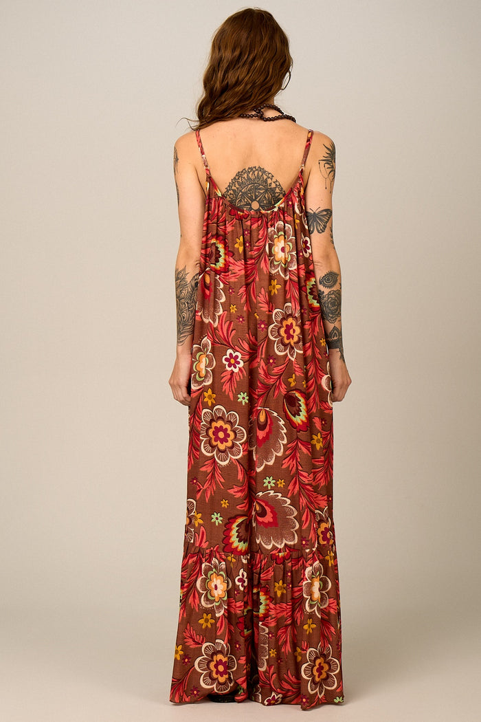 Vestido Longo Alças Reguláveis Marrom Estampado Yacamim E11